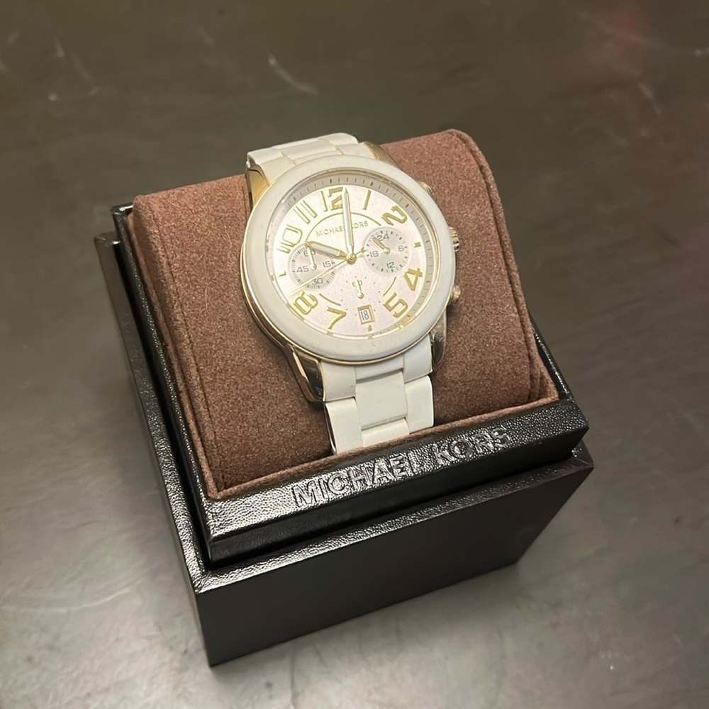 MK white and gold watch